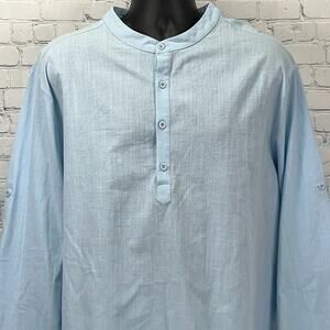 Hardaddy Mandarin Collar Henley Shirt Roll Tab Long Sleeves Blue Mens 2XL XXL